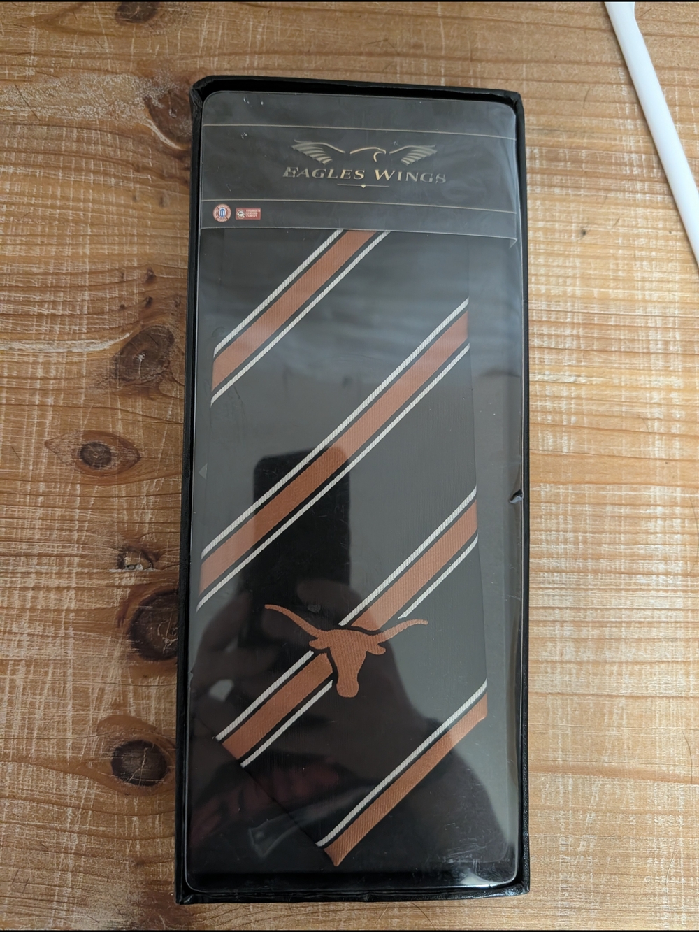 Eagles Wings Men’s Black Tie with Brown Stripe and Longhorn Accent
